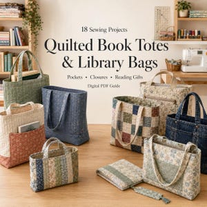 Può includere: Una guida PDF digitale intitolata 18 Sewing Projects Quilted Book Totes & Library Bags, che presenta varie borse trapuntate con motivi floreali, in denim e patchwork, con tasche, manici e chiusure in tessuto visibili su una superficie in legno.