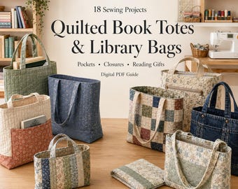 18 Quilted Book Tote and Library Bag Projects | Lined Book Bags, Pocketed Totes, Reader Gifts and Beginner Friendly Digital PDF Sewing Guide