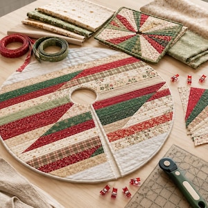 May include: A circular quilted tree skirt featuring a geometric pattern of red, green, and cream fabric strips. The set includes folded fabric stacks, a square quilted mat, two rolls of ribbon, small red sewing clips, and a rotary fabric cutter.