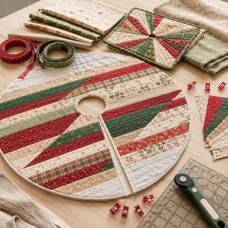 May include: A circular quilted tree skirt featuring a geometric pattern of red, green, and cream fabric strips. The set includes folded fabric stacks, a square quilted mat, two rolls of ribbon, small red sewing clips, and a rotary fabric cutter.