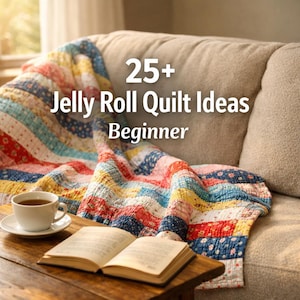 May include: A colorful quilt with striped patterns, draped over a beige sofa. A cup of tea and an open book rest on a wooden table. The text "25+ Jelly Roll Quilt Ideas Beginner" is displayed on the image.