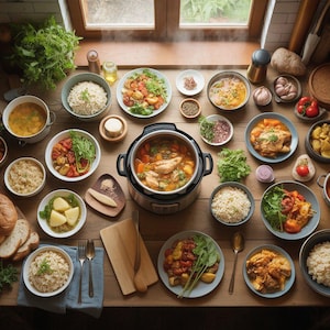 Op de afbeelding: Een houten tafel vol met diverse gerechten, waaronder kommen met rijst, soep en gekookte groenten. Een slowcooker staat in het midden, omringd door borden met eten, brood en verse kruiden. De scène suggereert een huisgemaakte maaltijd.