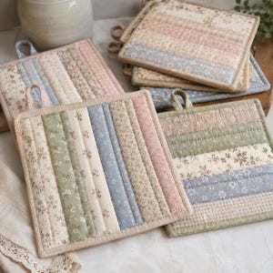 May include: A collection of square quilted pot holders featuring vertical fabric strips in muted pastel tones of sage green, dusty blue, soft pink, and cream. Each piece is decorated with small floral and gingham patterns and includes a fabric hanging loop.