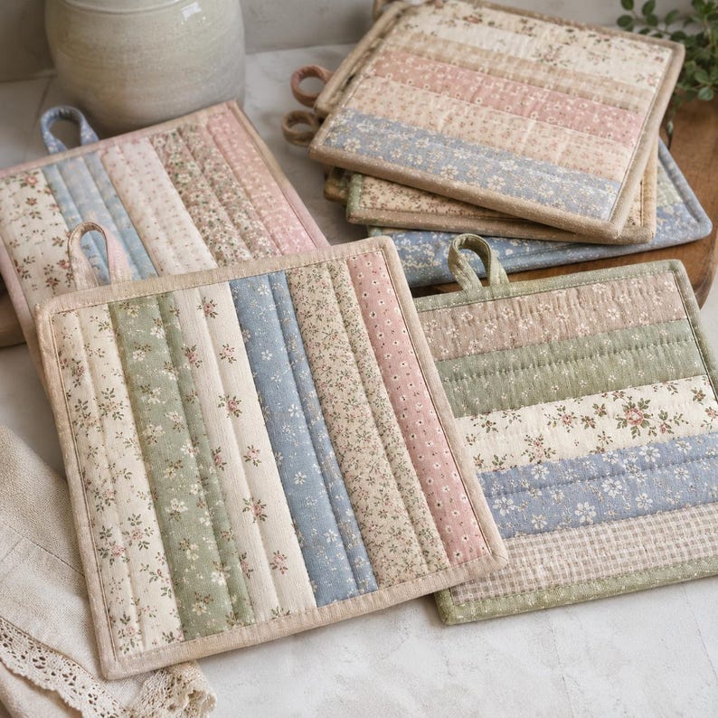 May include: A collection of square quilted pot holders featuring vertical fabric strips in muted pastel tones of sage green, dusty blue, soft pink, and cream. Each piece is decorated with small floral and gingham patterns and includes a fabric hanging loop.