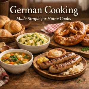 Può includere: Un tavolo di legno mostra una selezione di piatti tedeschi. L'immagine presenta zuppa, insalata di patate, pretzel, salsicce e panini. Il testo "German Cooking Made Simple for Home Cooks" è in alto.
