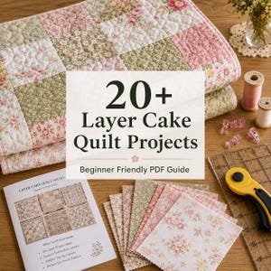 May include: A layered quilt with floral patterns in pink, green, and white, alongside a stack of fabric squares. The image includes a rotary cutter, thread spools, and a PDF guide titled "20+ Layer Cake Quilt Projects: Beginner Friendly PDF Guide."