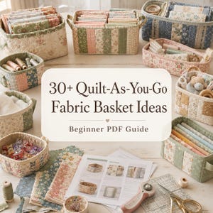 May include: Several fabric baskets in different sizes and floral patterns are displayed. The image shows baskets filled with fabric, thread spools, and sewing notions. Text on the image reads "30+ Quilt-As-You-Go Fabric Basket Ideas".