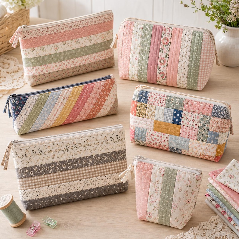 Puede incluir: Una colecci&oacute;n de seis estuches de tela acolchada en varias formas rectangulares y trapezoidales. Los estuches presentan dise&ntilde;os de patchwork con estampados florales, de cuadros vichy y rayas en tonos pastel suaves de rosa, verde, azul y amarillo con cremalleras.