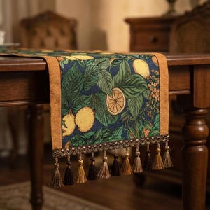 Vintage Jacquard Table Runner with Tassels, Botanical Lemon Pattern, Blue & Green Woven Table Decor, Elegant Dining Table Runner