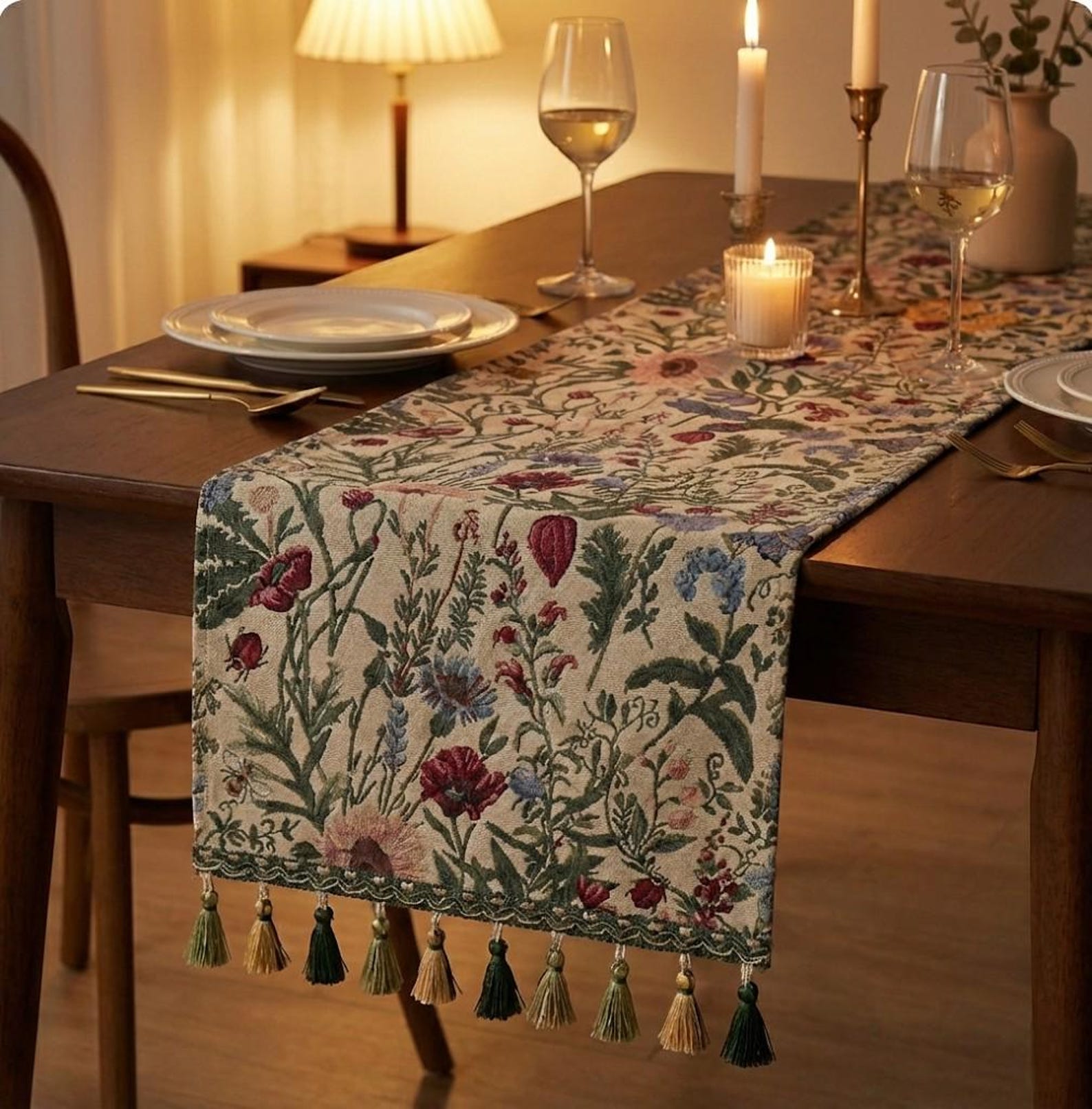 Vintage Botanical Tapestry Table Runner, Floral Tassel Decor - 33x200cm