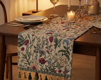 Vintage tafelloper met botanische wandtapijten, bloemendecor met kwastje
