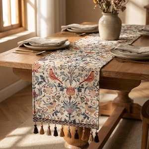 Bieżnik na stół z gobelinem z motywem ptaków i kwiatów z frędzlami – dekoracyjny bieżnik na stół jadalny w stylu vintage, rustykalny wystrój domu