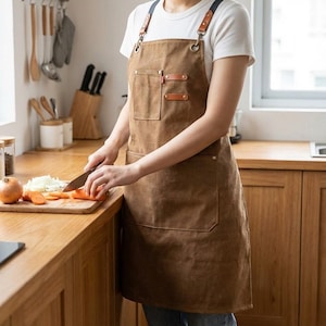 May include: Brown canvas apron with leather detailing and pockets. The apron features adjustable straps and metal fixings. The person in the image is chopping vegetables on a wooden board in a kitchen.