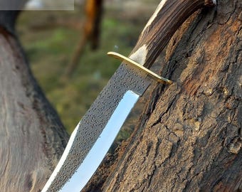 Cuchillo de caza forjado a mano, mango de asta de ciervo, herramienta artesanal para exteriores, regalo rústico para él.