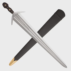 May include: A silver sword with a ridged blade and a dark brown handle with gold accents. The sword is crossed over a black scabbard with a gold-colored tip. The sword's hilt has a crossguard.