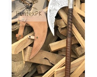 Hacha vikinga artesanal con funda de cuero: hacha barbuda de inspiración nórdica