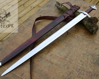 Réplica de espada larga medieval con vaina de cuero / Pieza de exhibición de guerrero fantástico hecha a mano / Decoración medieval coleccionable