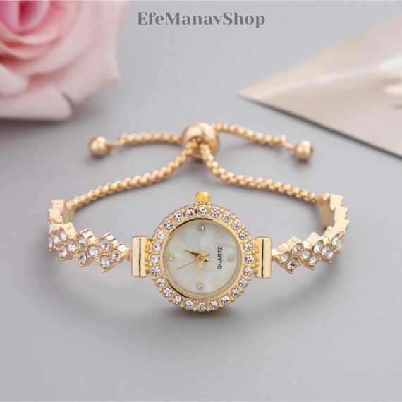 Gold Crystal Bracelet Watch, Elegant Women