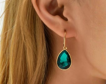 Emerald Green Crystal Teardrop Earrings, Gold Tone Dangle
