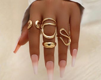 Chunky Gold Statement Ring Set • 5-Piece Minimalist Jewelry