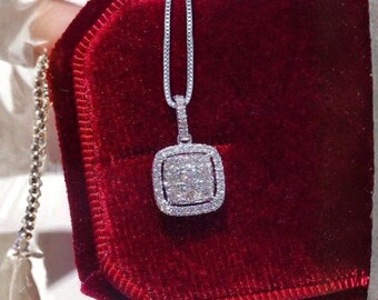 Square CZ Pendant Necklace, Silver Tone Halo Design