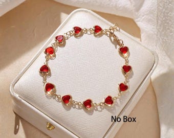 Gold Heart Chain Bracelet, Red Crystal Charms, Romantic Jewelry
