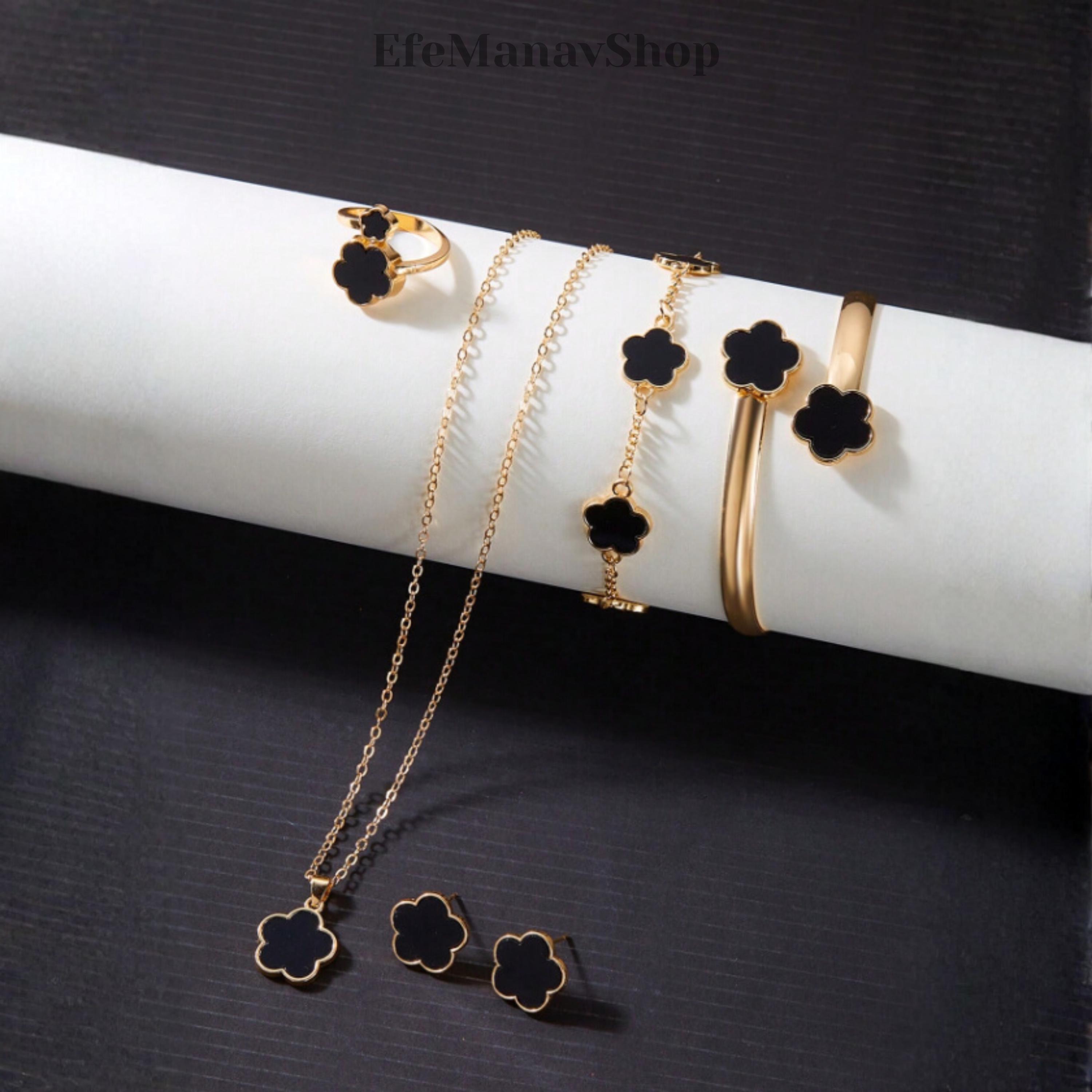 Clover Jewelry Set • Gold Plated Black Flower Necklace, Bracelet