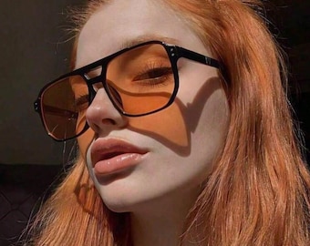 Amber Lens Square Sunglasses, Retro Oversized Fashion Shades