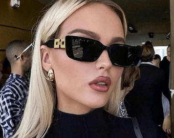 Black Rectangular Sunglasses, Luxury Gold Detail, Retro Fashion