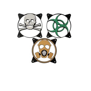May include: Three black and white circular designs with different graphics. The top left design features a skull and crossbones. The top right design has a green biohazard symbol. The bottom design features a gas mask.