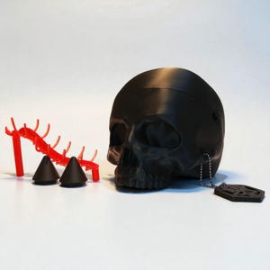 Könnte beinhalten: Ein schwarzer Schädel mit passendem Anhänger an einer Kette, zwei schwarze kegelförmige Objekte und ein rotes, stacheliges, tausendfüßlerartiges Objekt. Die Objekte sind auf einer weißen Oberfläche angeordnet.