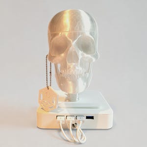 May include: A translucent skull-shaped lamp with a white base, featuring a USB port and attached cables. A small, decorative tag hangs from the lamp. The lamp is designed to resemble a human skull.