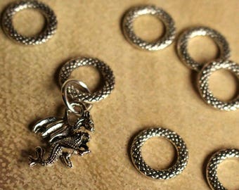 Dragon Stitch Markers for Knitting - Textured Silver Rings - Dragon Charm - For Knitters - Notions