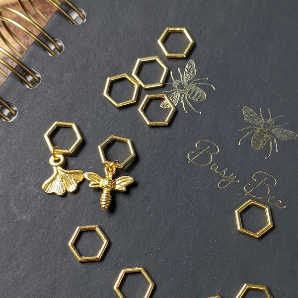 Small Gingko Bee Stitch Markers for Knitting - Honeycomb Gold Rings - Gingko Leaf Bumblebee Honeybee - For Knitters - Notions