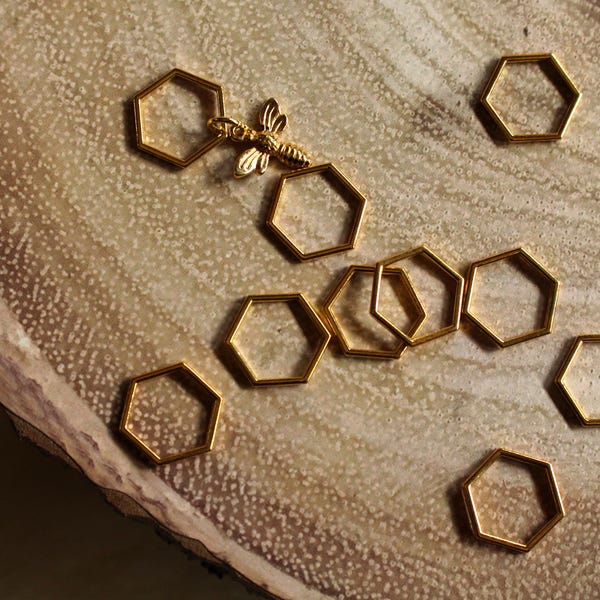 THROWBACK PRICING! Medium Beekeepers Stitch Markers for Knitting - Gold Hexagon Closed Ring Markers - Knitting Notions - Set of 10