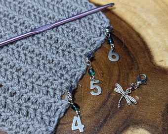 For Knit & Crochet - Blue Green Dragonfly Count Keepers - Progress Keepers 1 - 9 - Stainless Steel Knit or Crochet Stitch Markers