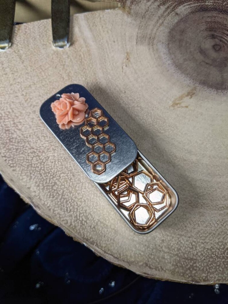 Rose Gold Honeycomb Black or White Floral NEW Rectangle Notions Tin for Makers for Knitters