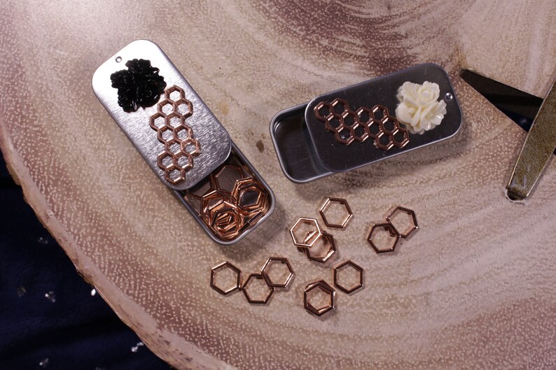Rose Gold Honeycomb Black or White Floral NEW Rectangle Notions Tin for Makers for Knitters