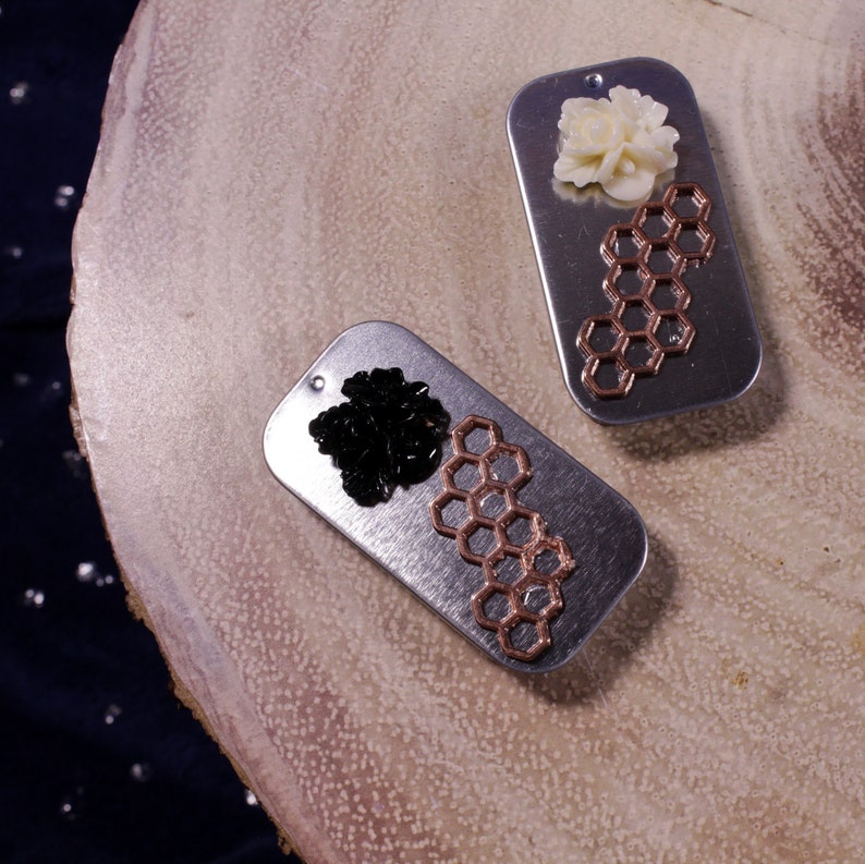Rose Gold Honeycomb Black or White Floral NEW Rectangle Notions Tin for Makers for Knitters