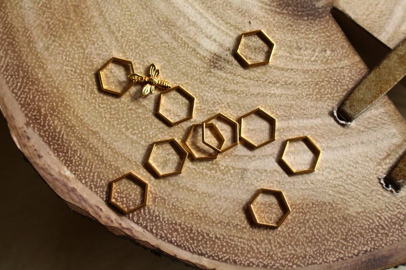 THROWBACK PRICING Choose Your Size Beekeepers Stitch Markers for Knitting Gold Hexagon Closed Ring Markers Knitting Notions image 3