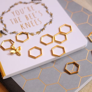 THROWBACK PRICING Choose Your Size Beekeepers Stitch Markers for Knitting Gold Hexagon Closed Ring Markers Knitting Notions image 1