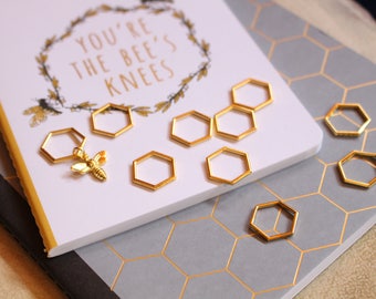 RESTOCKED! Gold Hexagon Stitch Markers for Knitting: Bee Charm, Closed Ring