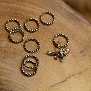 Może przedstawiać: Zestaw srebrnych metalowych pierścieni o wzorze sznurkowym i srebrny metalowy zawieszkę w kształcie dinozaura.