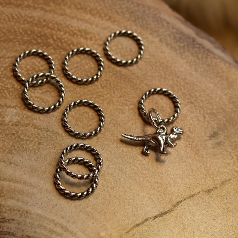 Może przedstawiać: Zestaw srebrnych metalowych pierścieni o wzorze sznurkowym i srebrny metalowy zawieszkę w kształcie dinozaura.