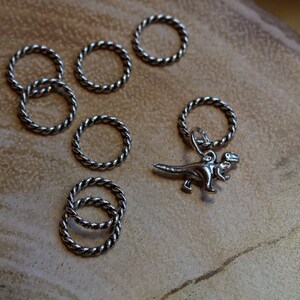 Może przedstawiać: Zestaw srebrnych, skręconych metalowych pierścieni, niekt&oacute;re z nich są połączone ze sobą. Mały srebrny zawieszka w kształcie dinozaura wisi na jednym z pierścieni.