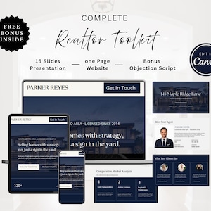 May include: A digital marketing toolkit for realtors featuring a 15-slide presentation, a one-page website template, and an objection script. The design includes dark blue and white layouts with text reading Complete Realtor Toolkit and Edit in Canva.