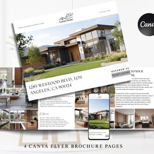 Könnte beinhalten: Immobilienbroschüre mit einem modernen Haus auf dem Cover. Die Broschüre enthält Innenaufnahmen, ein Smartphone-Modell und die Adresse "1285 Westwood Blvd, Los Angeles, CA 90024." Das Canva-Logo ist sichtbar.