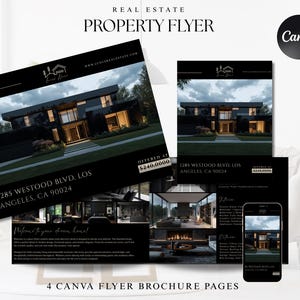 Könnte beinhalten: Ein Immobilien-Flyer mit modernem Schwarz-Weiß-Design. Der Flyer enthält Bilder eines Luxus-Hauses, die Adresse 1285 Westwood Blvd, Los Angeles, CA 90024, und den Text "Property Flyer". Der Flyer wurde mit Canva entworfen.