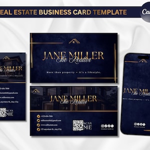 Puede incluir: Plantilla de tarjeta de visita de bienes raíces azul marino con texto dorado. El diseño incluye un icono de casa, el nombre "Jane Miller The Realtor" e información de contacto. Un smartphone muestra el mismo diseño.