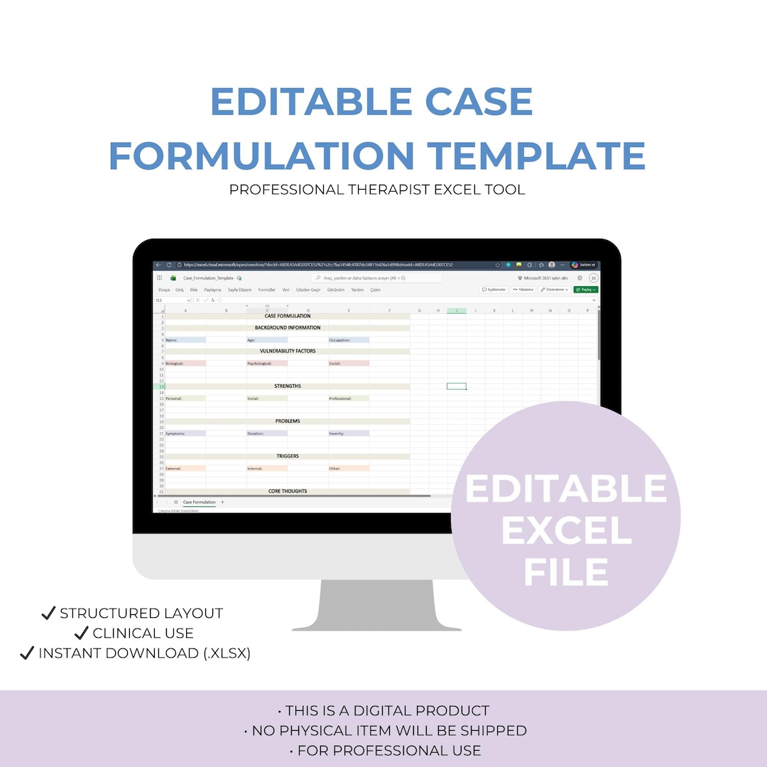 Editable Case Formulation Template | Excel Therapy Workbook | Clinical ...